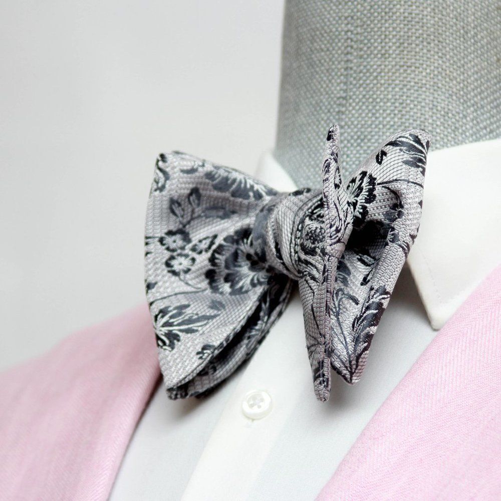 Men's Self-tied Bow Tie 100%Silk Big Butterfly‎ Floral grey S693
